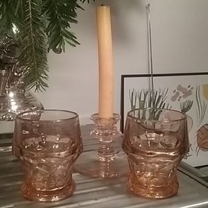 Mid-century rose-colored glass tumblers, candlestk
